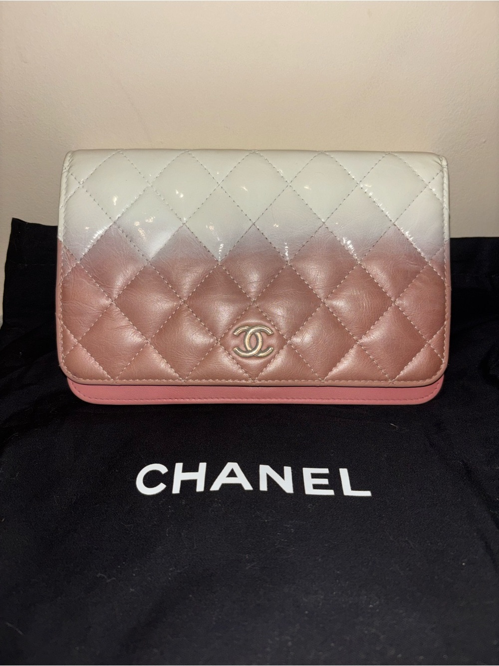 CHANEL White-to-Pink Ombre Quilted Crystal Drop Wallet on Chain with Pearly CC